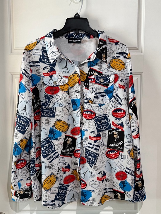 Karl Lagerfeld Tops - Karl Lagerfeld White Travel-Label Print Button-Up Blouse